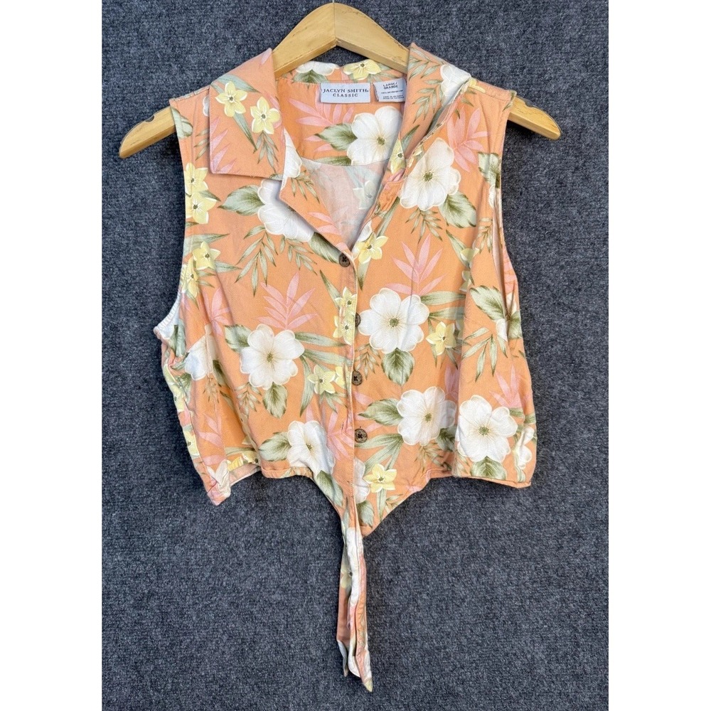 VTG Jaclyn Smith Cropped Tank Hawaiian Shirt Women's L Peach Floral Front Tie